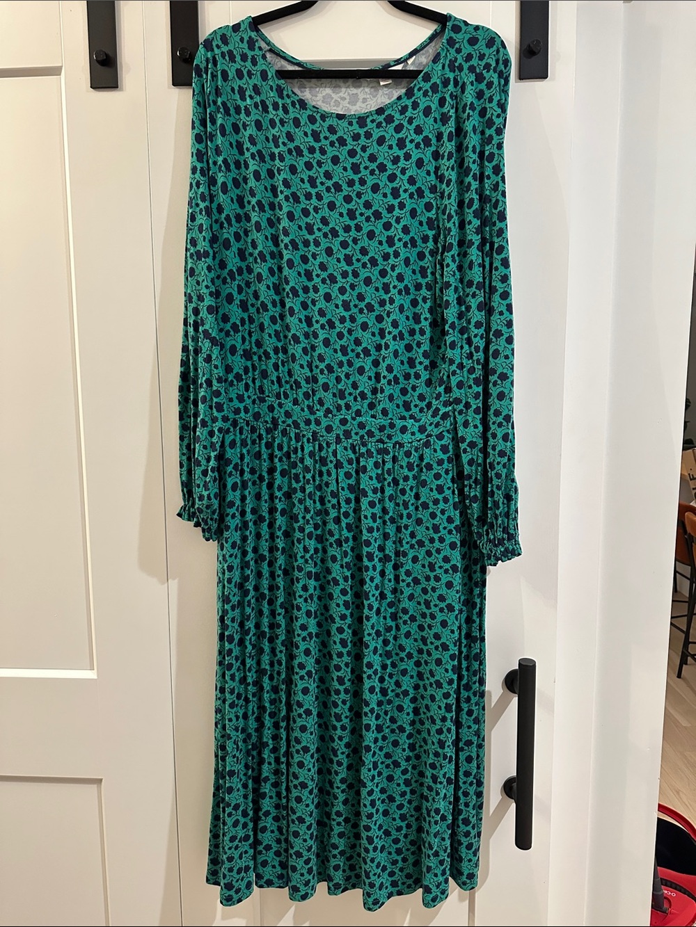 Boden Long Sleeve Green & Navy Midi Jerseys Dress, 14R